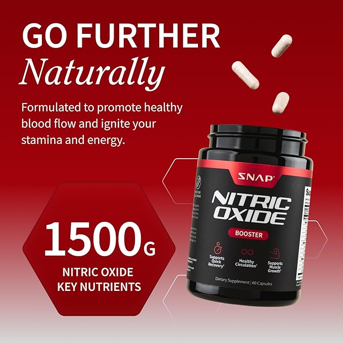Snap Supplements Nitric Oxide Supplement with L-Arginine to Support Energy Quick Recovery Heart Health Muscle Growth &amp Circulation 60 Vegetarian Capsules (1 Month Supply)