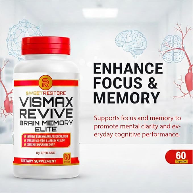 (1 Pack) Vismax Revive Official Vismax Revive Brain &amp Memory Support Supplement Pills with Premium Ingredients All Natural Advanced Formula for Healthy Circulation &amp Overall Wellness (60 Cap