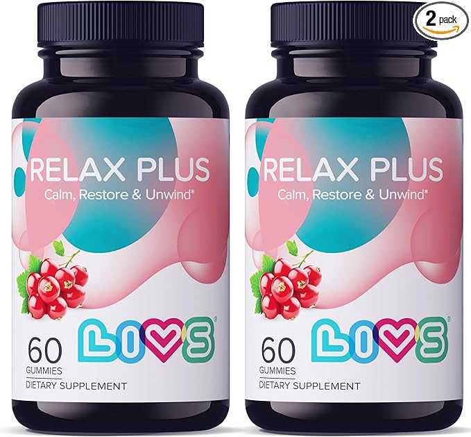 LIVS Relax Plus Gummies – Stress Relief &amp Calm Support | Ashwagandha GABA Lemon Balm &amp Vitamin B6 for Relaxation &amp Mood | Natural Red Berry Flavor | Vegan Supplement for Adults &amp Kid
