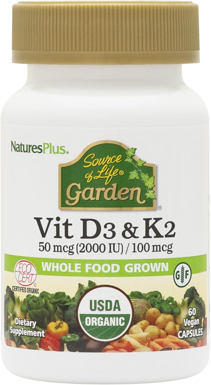 NaturesPlus Source of Life Garden Vitamin D3 &amp K2 - 60 Capsules - Immune System and Bone Support - USDA Certified Organic Vegan Gluten Free - 60 Servings