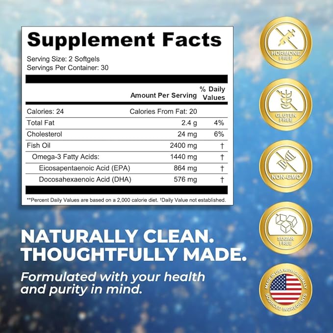 Vital Omega 3 Fish Oil Supplements 2400mg | 864mg EPA &amp 576mg DHA | 1440mg Total Omega-3 Fatty Acids | Promotes Brain &amp Heart Health | Non-GMO Gluten-Free Sugar-Free | Lemon | 30 Day Serving