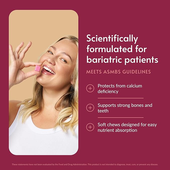 Bariatric Advantage Calcium Citrate Chewy Bites 500 mg - Highly Absorbable &amp Digestible - Vitamin D3 - Easily Chewable Calcium Supplement - Strawberry Flavor - 90 Count