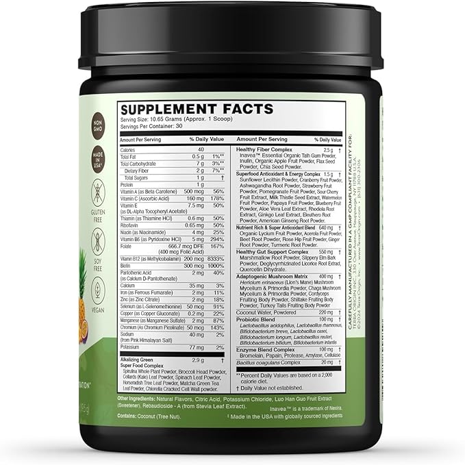 TERRA ORIGIN Healthy Greens Powder Supplement | Superfood Digestive Enzyme &amp Probiotic Blends | Immune Gut and Digestive Support for Women | Tropical Passion Fruit (30 Servings)