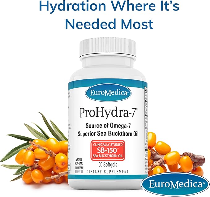 EuroMedica ProHydra-7 - Skin Health Support Supplement with Omega-7 Sea Buckthorn Oil - Nutritional Supplement - Essential Fatty Acid Supplement - 60 Softgels