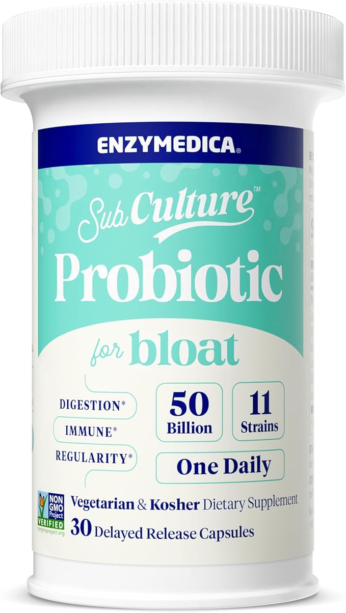 Enzymedica SubCulture Probiotic for Bloat &amp Digestive Health - Probiotic Supplement Capsules for Women &amp Men 50 Billion CFU Gut Health Support for Adults Helps Occasional Gas &amp Bloating