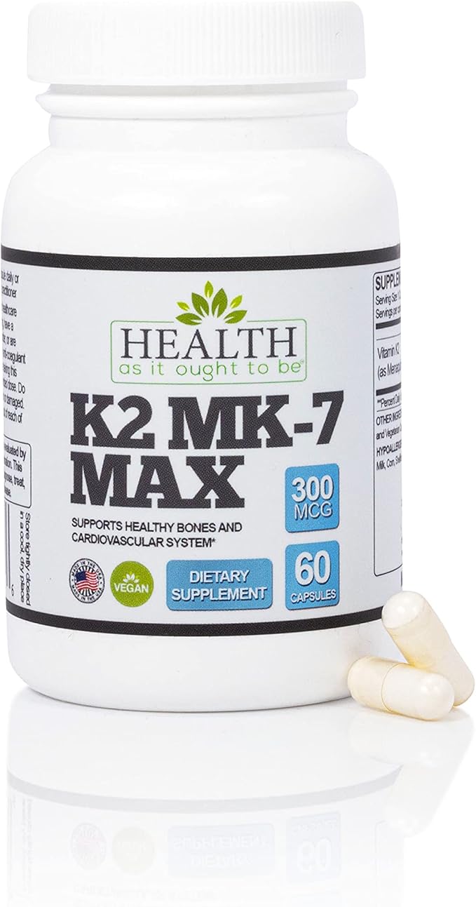 Health As It Ought To Be Vitamin K2 MK-7 Max 300 mcg Supplement – Extra Strength Soy-Free Formula for Bone and Cardiovascular Health Support – 60 Capsules