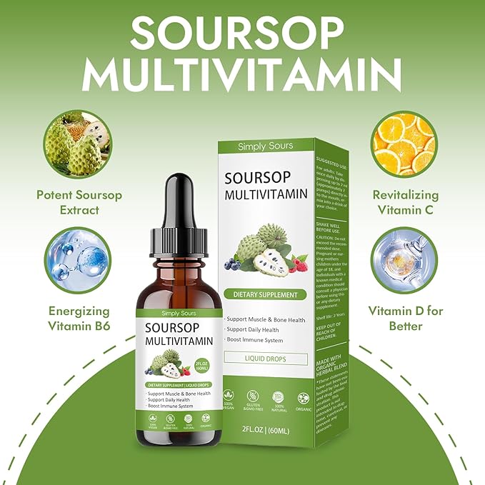 Simply Sours Organic Soursop Graviola Extract Drops - 5000mg Pure Leaf &amp Fruit Liquid Supplement Sugar-Free Gluten-Free 2 fl oz (60 Servings)