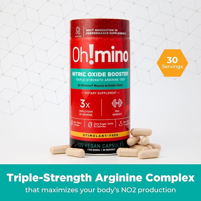 Oh!mino L-Arginine Nitric Oxide Supplement - Blood Flow Supplement Nitric Oxide Booster w/Beetroot Powder for Energy Focus Endurance Muscle Building - Pre &amp Post Workout (120-Count 30 Serving