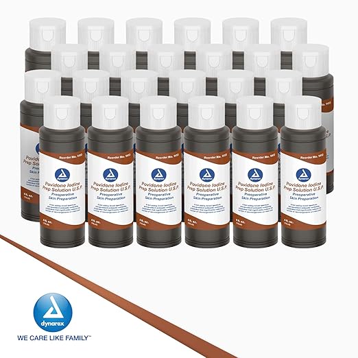 Dynarex Povidone-Iodine Prep Solution Antiseptic Solution for Skin and Mucosa Ideal for Surgical Site Preparation Contains Povidone Iodine 10%1 Case of 48 4 fl. oz. Bottles