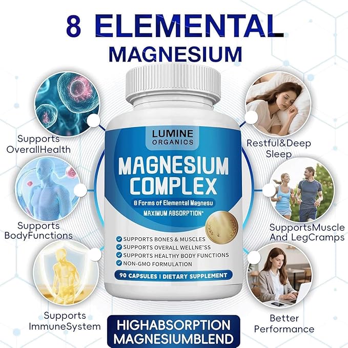 Lumine Organics Magnesium Complex Supplement 1000mg- Advanced 8-in-1 Magnesium Blend - Glycinate Citrate Malate Taurate etc.– High Absorption Formula – Non-GMO– 90 Capsules