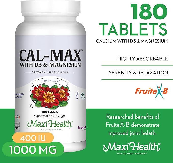Maxi Health Calcium 1000 mg with Vitamin D3 (400 IU) and Magnesium (750 mg) - Cal Max Dietary Supplement for Bone Teeth and Joint Support - for Men and Women - 180 Tablets
