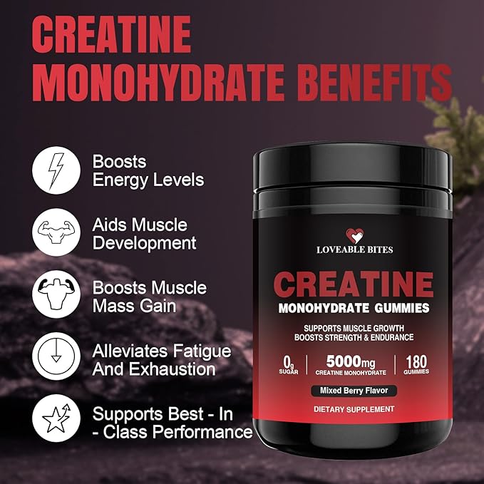 Loveable Bites Creatine Monohydrate Gummies – 5000mg Creatine Gummies for Men &amp Women | Supports Muscle Strength Endurance Energy &amp Recovery | Sugar-Free Vegan Mixed Berry Flavor 180 Coun