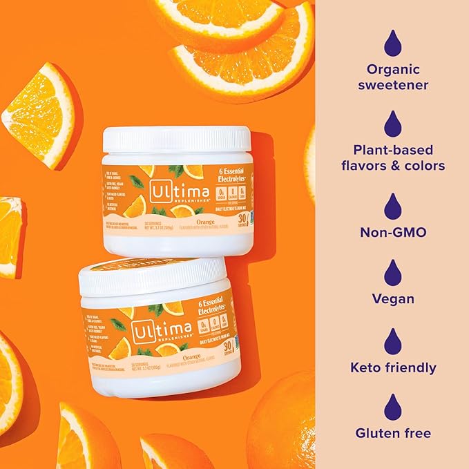 Ultima Replenisher Daily Electrolyte Powder Drink Mix – Sugar Free – Orange 30 Servings – Hydration Powder with 6 Key Electrolytes and Trace Minerals – Keto Friendly Vegan Non-GMO