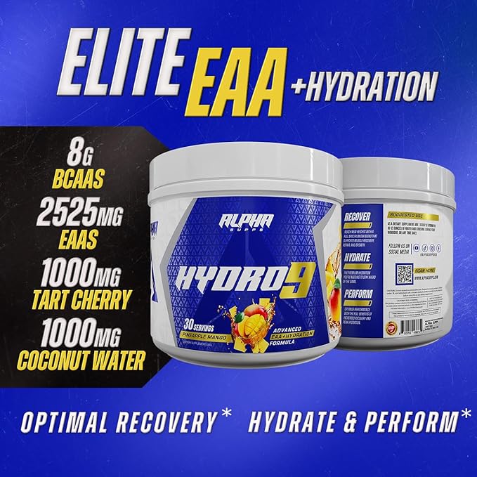 Alpha Supps Hydro 9 Aminos | EAA + Hydration Formula | Essential Amino Acids EAAs Powder with BCAAs &amp Electrolytes 30 Servings - Strawberry Lemonade