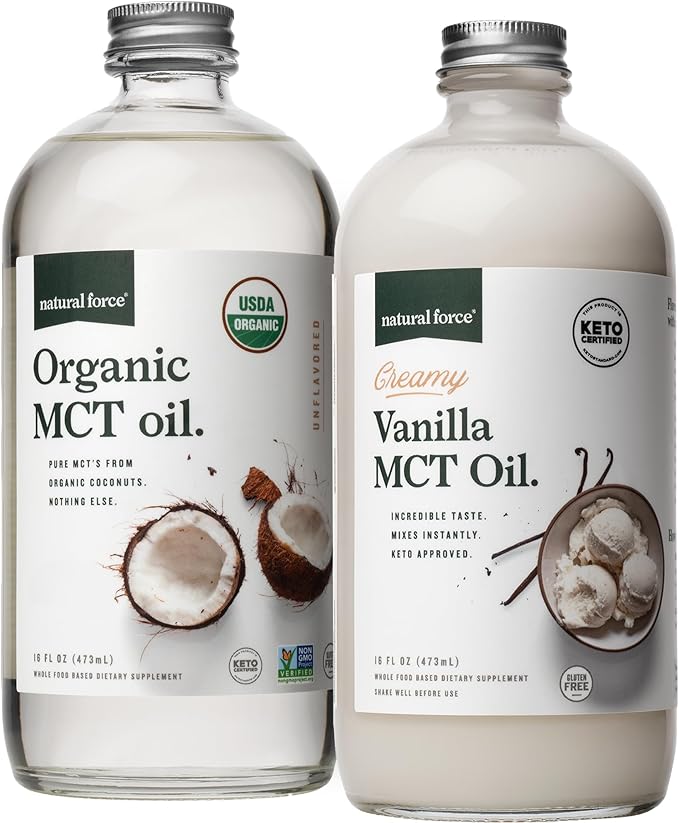 Natural Force Creamy Vanilla MCT Oil + Organic MCT Oil – Gluten-Free Non GMO 100% Pure Coconut MCTs from Organic Coconuts – Keto Paleo and Vegan – 2x 16 Ounce Glass Bottles