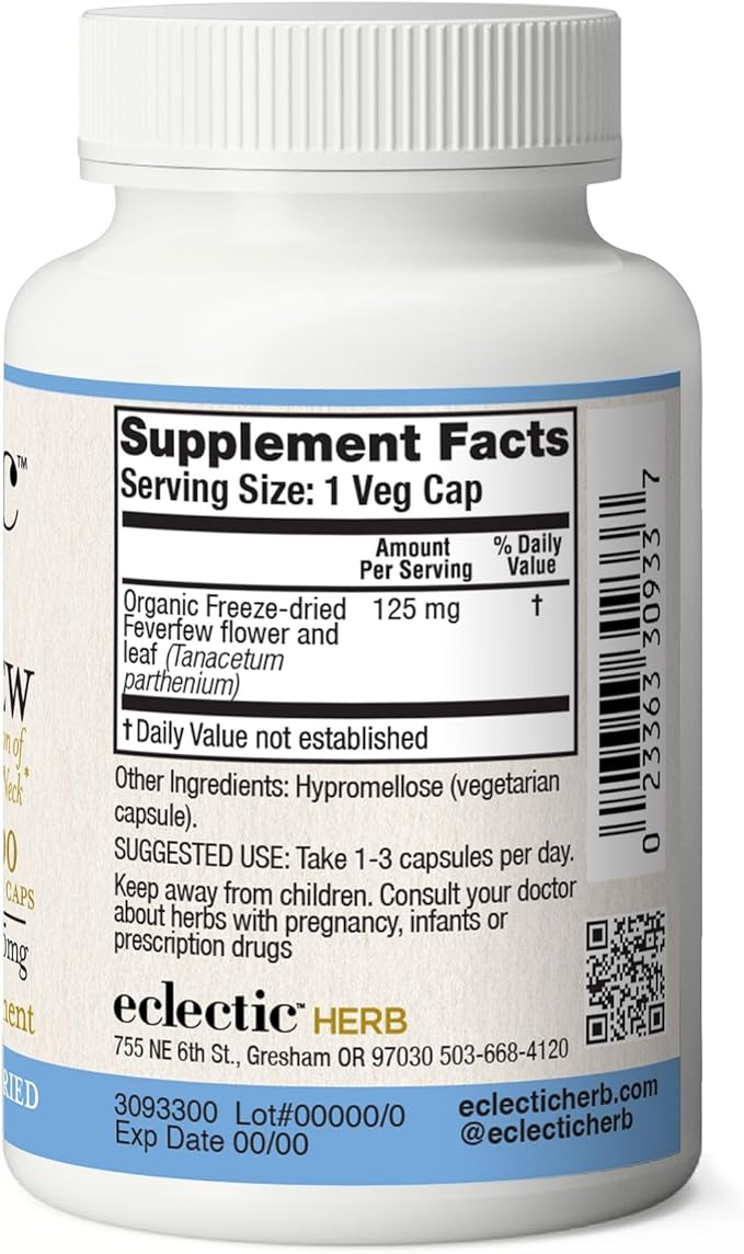 Eclectic Herb - Feverfew Capsules | Support for Head &amp Neck Tension | Herbal Supplement | US-Grown Vegan Non-GMO Gluten Free (90 CT | 125 mg)