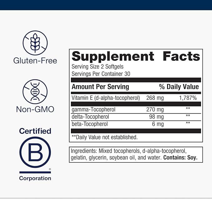 Metagenics Vitamin E Mixed Tocopherols - High Potency Antioxidant Supplement with Alpha &amp Gamma Tocopherols - Supports Heart Immune &amp Cellular Health - Non-GMO Gluten-Free - 60 Softgels