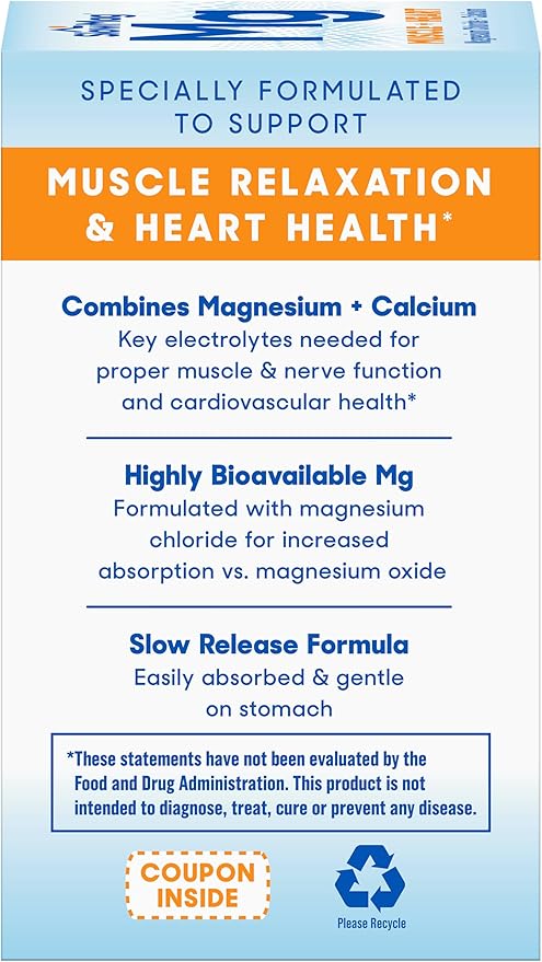 SlowMag Mg Muscle + Heart Supports Muscle Relaxation and Heart Health. Magnesium Chloride + Calcium Slow-Release Tablets Easy to Absorb and Gentle on the Stomach. 60 Count (Pack of 2)