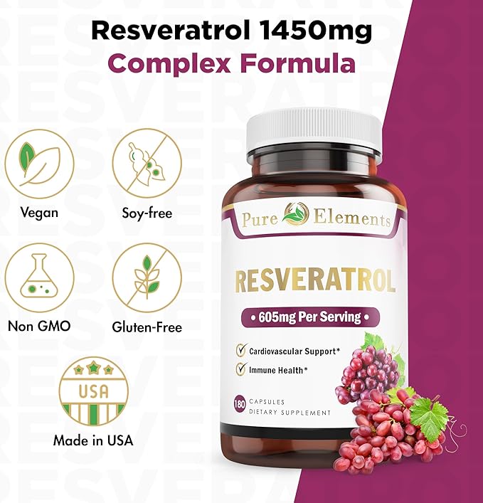 Pure O Elements Resveratrol 1450mg Extra Strength Formula to Promote Better Skin and Immunity with Green Tea Grape Seed ExtRed Wine Extract and Others 90 Days Supply
