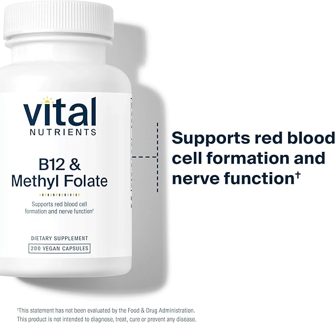 Vital Nutrients Vitamin B12 &amp Methyl Folate - Vegan Methylated Folate &amp B12 Supplement - 5-MTHF Plus B12 Supports Nervous System &amp Metabolism* - Gluten Dairy Soy Free - 200 Capsules