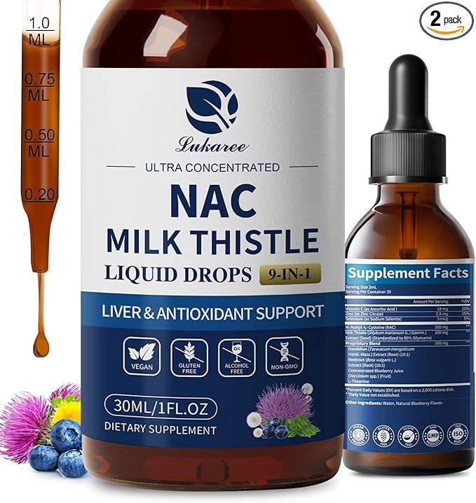 Lukaree Liposomal NAC Supplement N-Acetyl-L-Cysteine 600mg with Milk Thistle - NAC Amino Acid Drops w/Selenium for Liver &amp Kidney Support* Lung Antioxidants &amp Immune Support*- Vegan Non-GMO