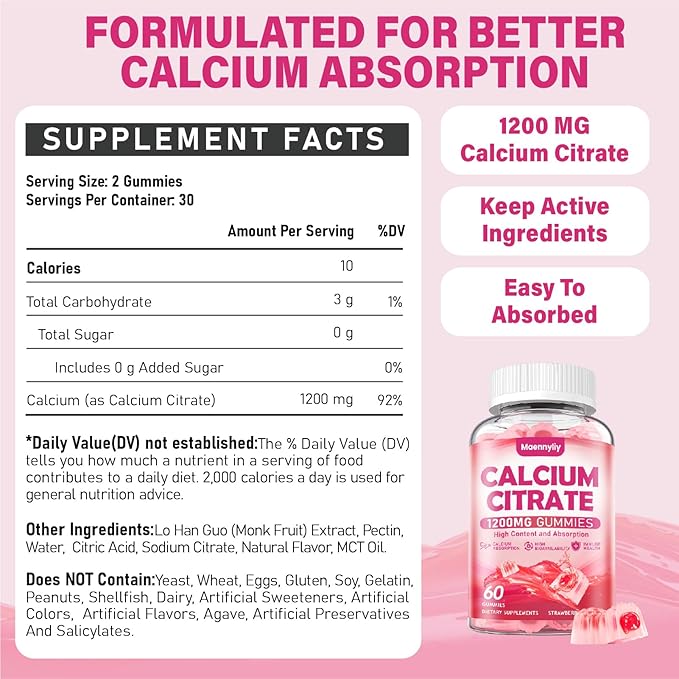 Calcium Citrate Gummies 1200 mg for Adults: Ultimate Absorption Calcium Supplement for Women &amp Men - Easy to Digest Vegan Non-GMO Gluten Free - Natural Strawberry Flavor