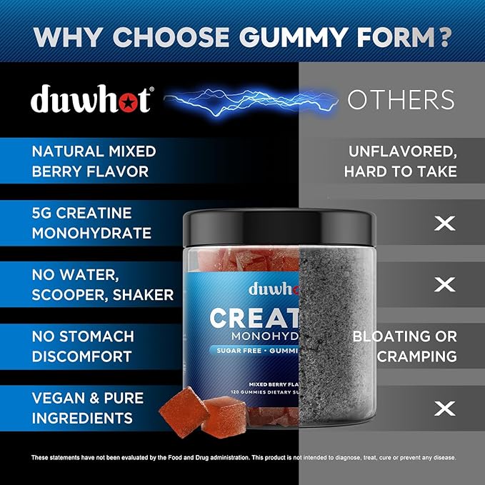 duwhot Creatine Monohydrate Gummies for Men Creatine Monohydrate Chewables 5g Per Serving Vegan Sugar Free Mixberry Flavor 120 Count