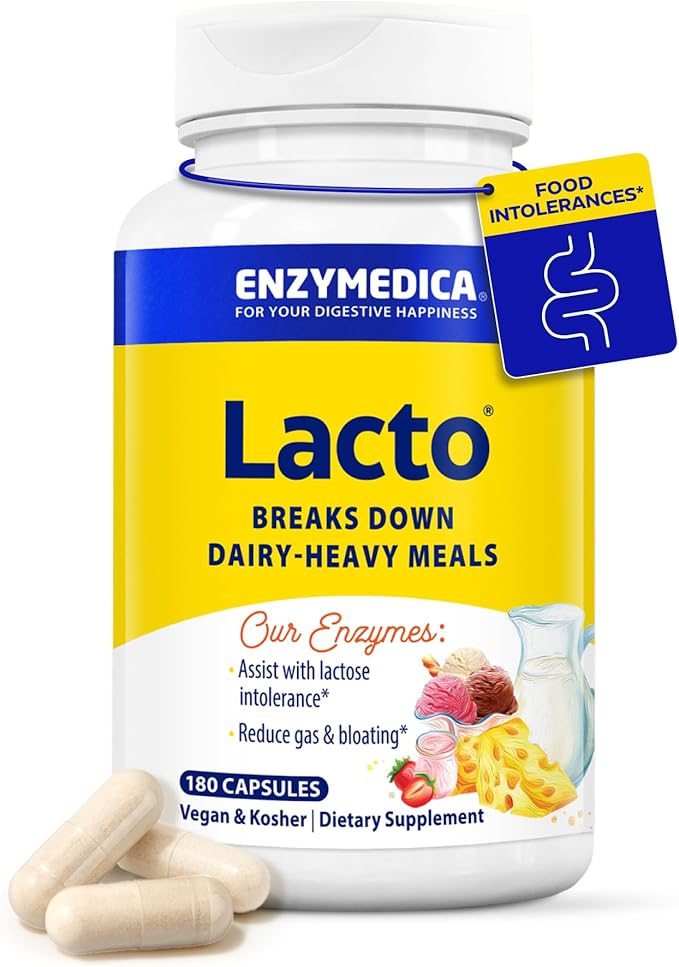 Enzymedica Lacto Digestive Enzymes for Men &amp Women - Lactose Intolerance Support Supplement with Lactase Enzyme Breaks Down Dairy Heavy Meals Helps Reduce Gas &amp Bloating Gluten Free - 180 C