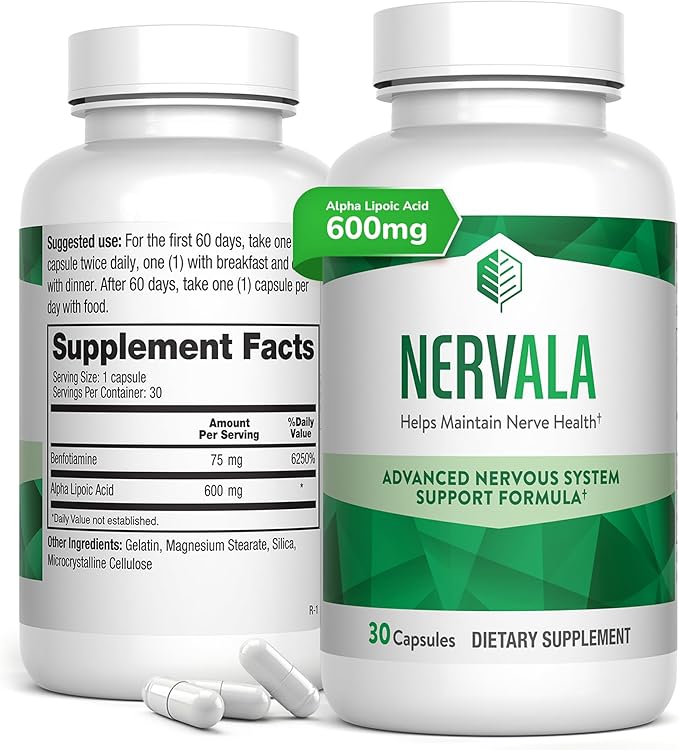 Nervala - Alpha Lipoic Acid 600mg - ALA Supplement Antioxidant for Nerve Energy &amp Circulation Support- Extra Strength with Benfotiamine - Made in USA Lab Tested - 30 Capsules 1 Month Supply