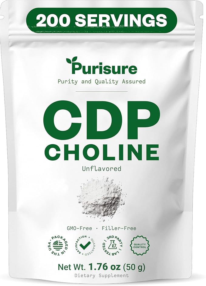 Purisure CDP Choline Powder 50g CDP Choline Supplements That Support Attention Focus and Energy Citicoline Powder for Cognitive Function Increases Motivation and Productivity 200 Servings