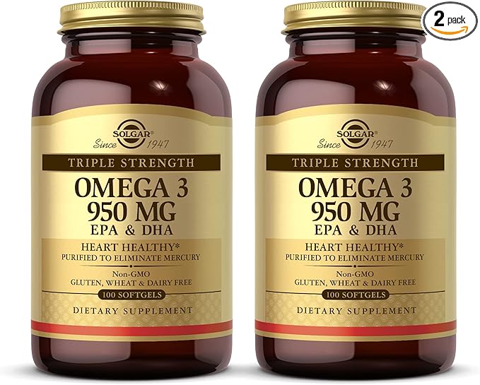 Solgar Triple Strength Omega 3 950 mg - 100 Softgels Pack of 2 - Supports Joint &amp Skin Health - Non-GMO Gluten Free Dairy Free - 200 Total Servings