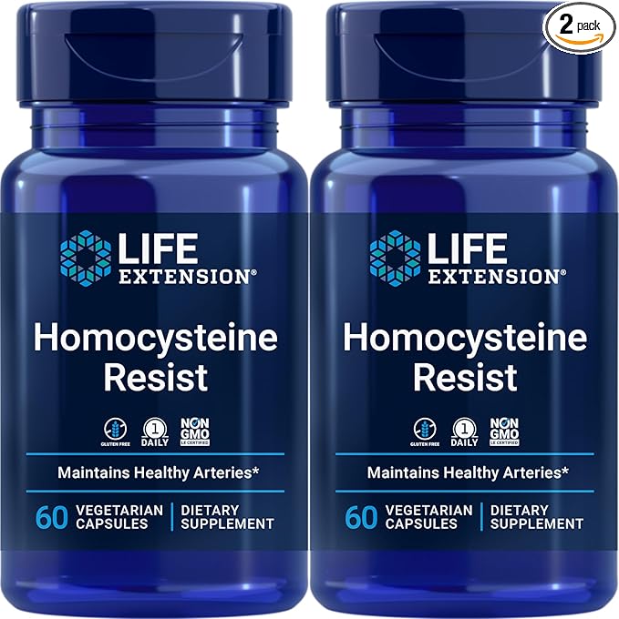 Life Extension Homocysteine Resist 60 Vegetarian Capsules (Pack of 2) Vitamin B2 B6 &amp B12 + Folate - Once-Daily Non-GMO Gluten-Free