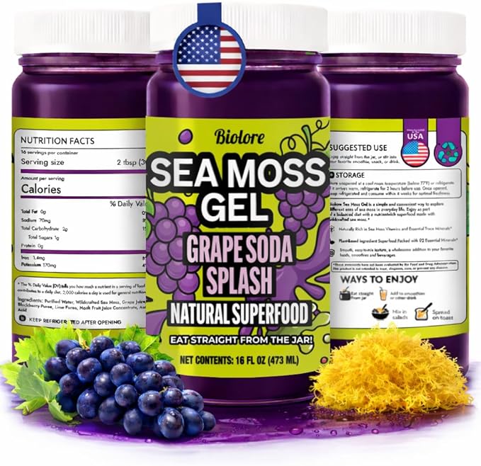 Biolore Grape Splash Sea Moss Gel 16 oz - No Added Sugar Vegan Made in USA - Wildcrafted Sea Moss Superfood with 92 Essential Vitamins - Ready to Use No Prep Needed