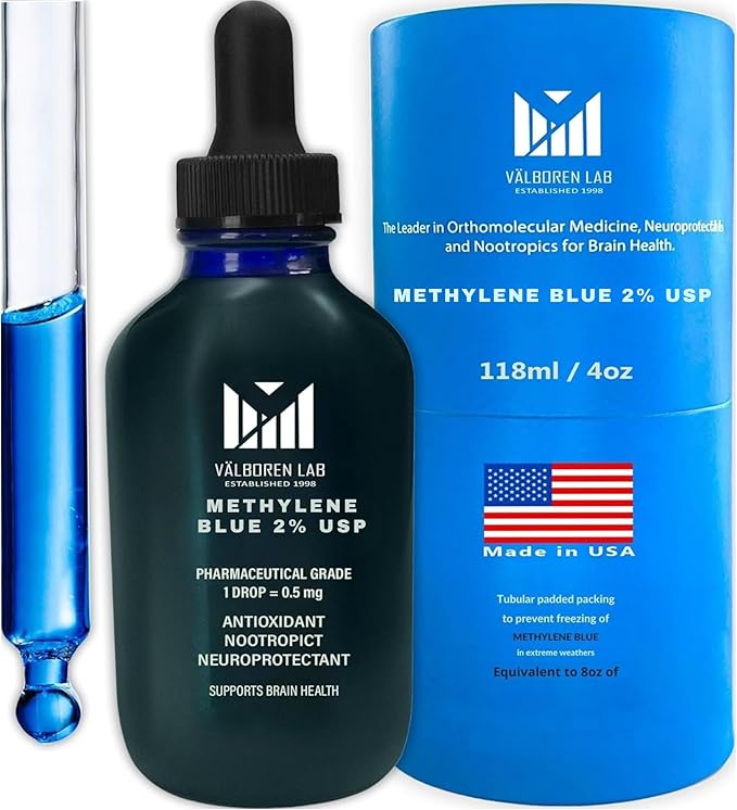 2% Methylene Blue Pharmaceutical Grade - Made in USA - Third Party Tested - Dietary Supplement - Formaldehyde &amp Alcohol-Free - Methane Blue for Humans 2% Drops (118ML Bottle)