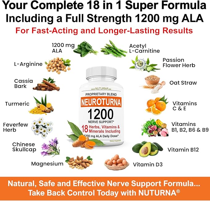 Neuroturna Support Supplement with 1200 mg Pure Alpha Lipoic Acid - Maximum Strength Formula with ALA + Vitamins + Minerals + Herbs - Best Natural Support - 180 Capsules