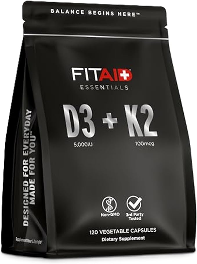 FITAID Essentials Vitamin D3 K2 5000 IU Supplement 125mcg D3 + 100mcg K2 MK7 High Absorption VIT D3 and K2 Supplements for Athletes Bone Health &amp Immune Support 120 Veg Caps 4 Month Supply