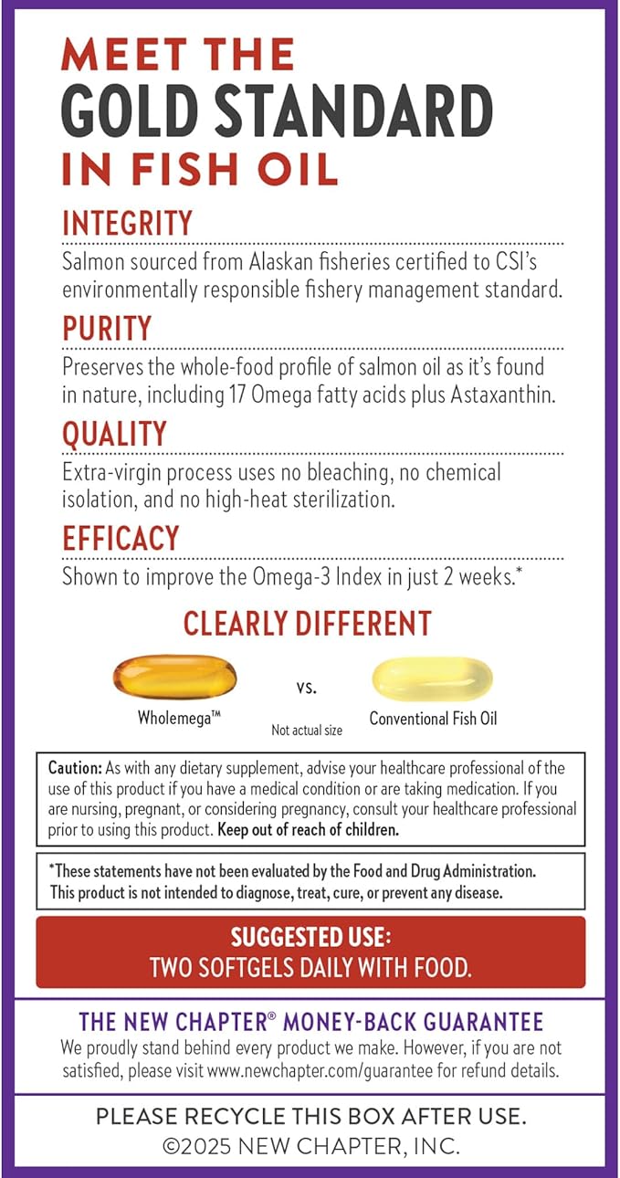 New Chapter Wholemega Fish Oil Supplement - 2000mg per Serving Clinically Proven Wild Alaskan Salmon Oil with Omega-3 + Vitamin D3 + Astaxanthin 60 Softgels