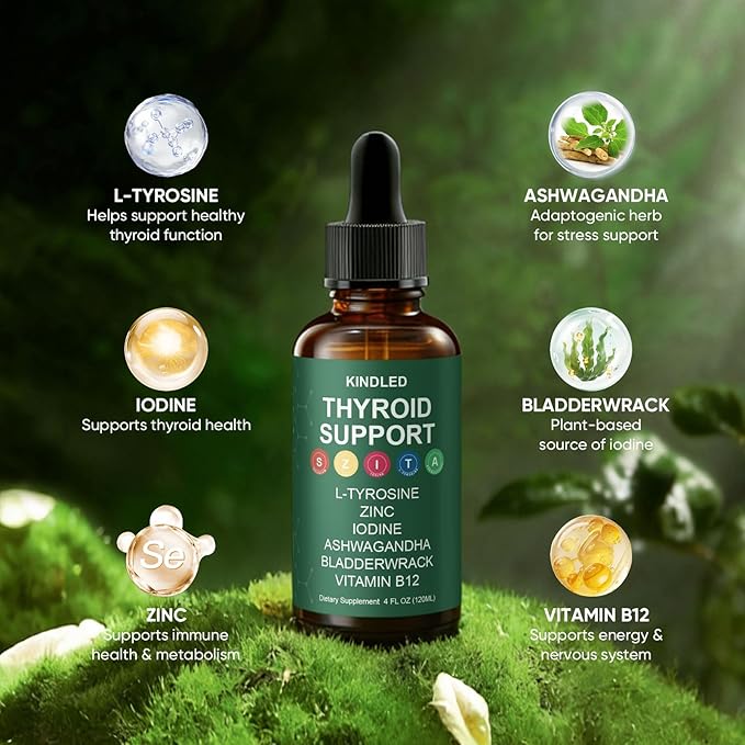 Kindled Thyroid Support Drops - Actora Liquid Drops Formula with Selenium Iodine Ashwagandha &amp Zinc for Energy &amp Metabolism Support Berry Flavor 4 fl oz