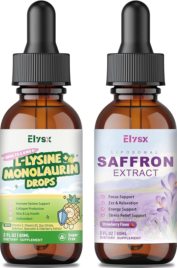 L-lysine Monolaurin Liquid Drops &amp Saffron Extract Liquid Drops for Kids and Adults Immune Support Lip &amp Skin Health Stress &amp Focus &amp Energy Support