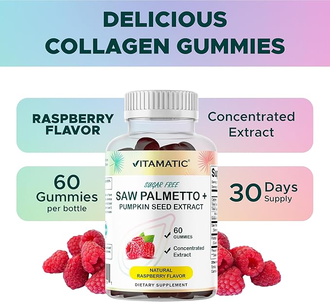Vitamatic Pumpkin Seed &amp Saw Palmetto Gummies – Sugar-Free Botanical Extract – Natural Raspberry Flavor – Vegan Non-GMO Plant-Based Gummies – 60 Count - 2 Pack (120 Count)