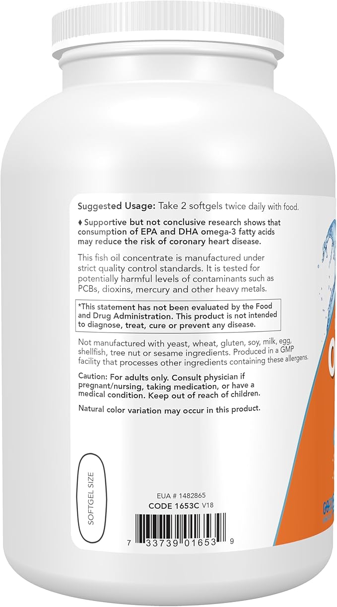 NOW Foods Supplements Omega-3 180 EPA / 120 DHA Molecularly Distilled Cardiovascular Support* 500 Softgels
