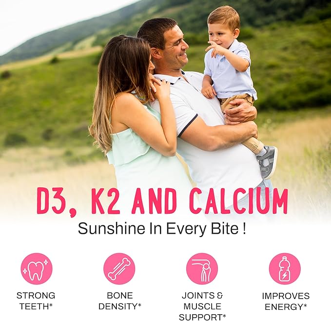 OH MY CHEWY Double-Flavored Vitamin D3 K2 &amp Calcium Fluffy Gummies - Supplement for Healthy Teeth Bone &amp Energy - 5000 IU D3 120 mcg K2(MK-7) 120 mg CA - Vegan &amp Non-GMO - 60 Count