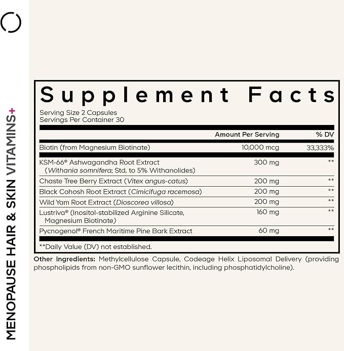 Codeage Menopause Hair &amp Skin Vitamins+ - Patented Lustriva Pycnogenol KSM-66 Ashwagandha - Hair Density Skin Perimenopause Support - Menopause Supplement - 10000 Mcg Biotin Wild Yam - 60 Caps