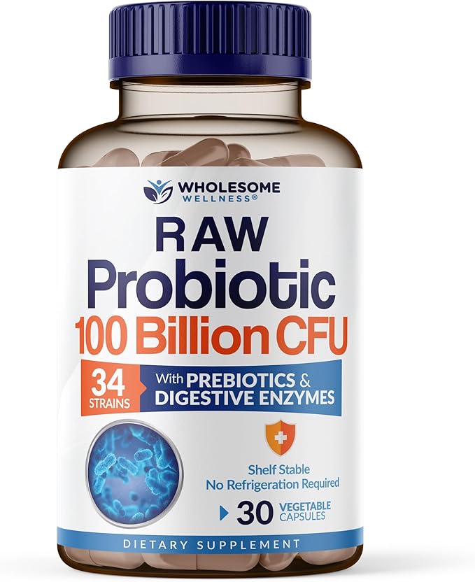 Wholesome Wellness Organic Raw Probiotics 100 Billion CFU Dr Formulated for Women and Men Complete Adult Supplement with Prebiotics and Digestive Enzymes 30 Capsules Shelf Stable