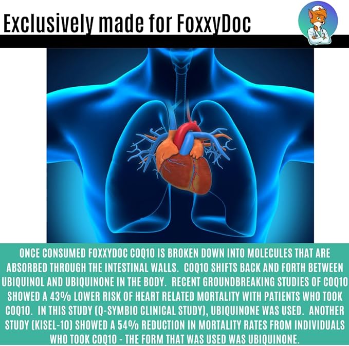 CoQ10 - Co-Enzyme Q10-200 mg - Excellent Value - 200 Caps - Quick Absorption - Veg. Caps - Non-GMO - Ubiquinone - Heart &amp Cellular Energy &amp Brain Supplement by Foxxy Doc