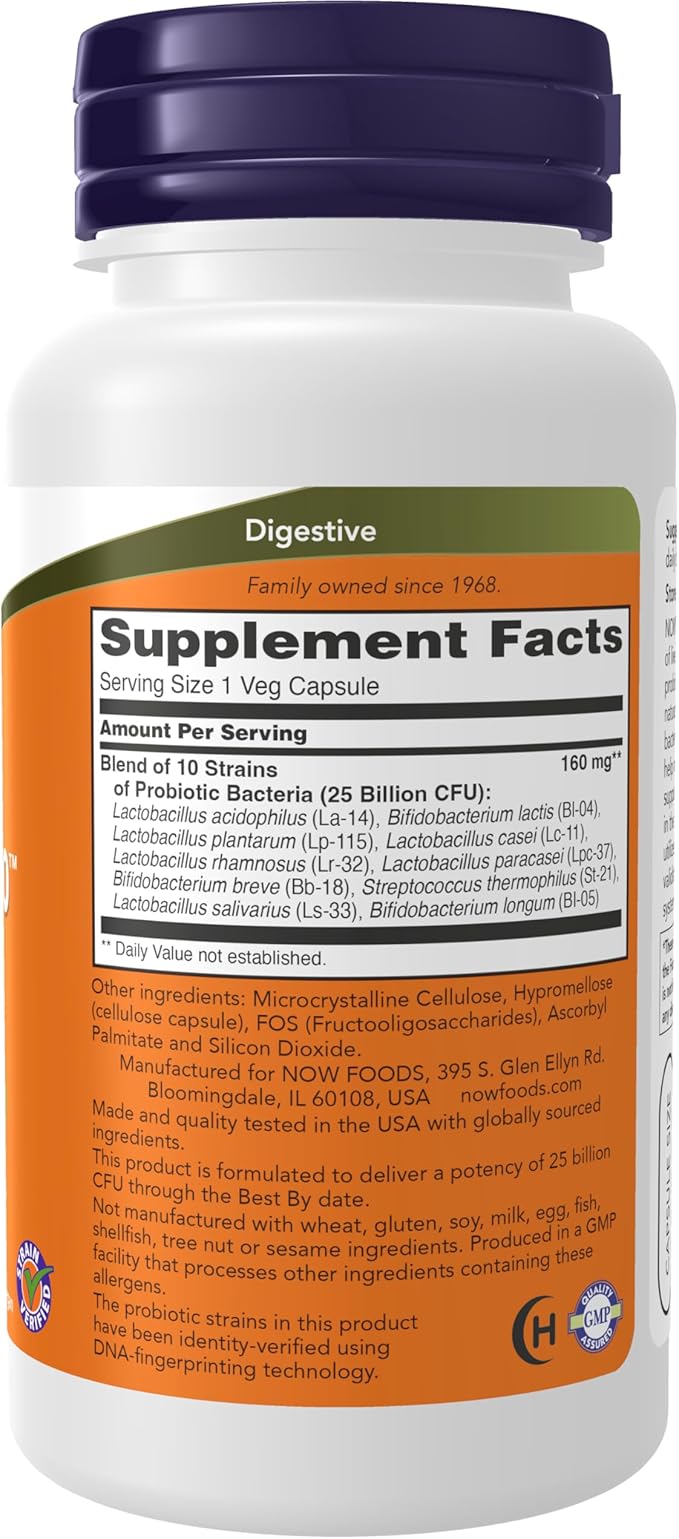 NOW Foods Supplements Probiotic-10™ 25 Billion with 10 Probiotic Strains Dairy Soy and Gluten Free Strain Verified 100 Veg Capsules