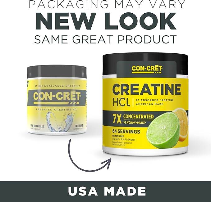 CON-CRET Creatine HCl Powder | Muscle Cognitive Cellular Energy Support | No Bloating or Cramps | USA Made &amp NSF Certified | Lemon Lime (64 Serving)