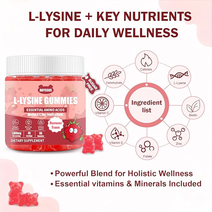 ABYSSUS Lysine Supplement – Sugar Free L-Lysine 1000MG Gummies Lysine for Women with Biotin &amp Folate Skin &amp Immune Support 90 Chewables