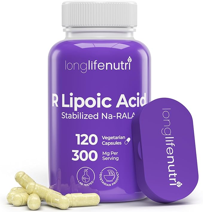 LongLifeNutri Stabilized R-Alpha Lipoic Acid 300mg – High Potency Na-RALA Supplement for Cellular Energy &amp Metabolic Function 120 Vegetarian Capsules 4-Month Supply GMP Certified Made in USA