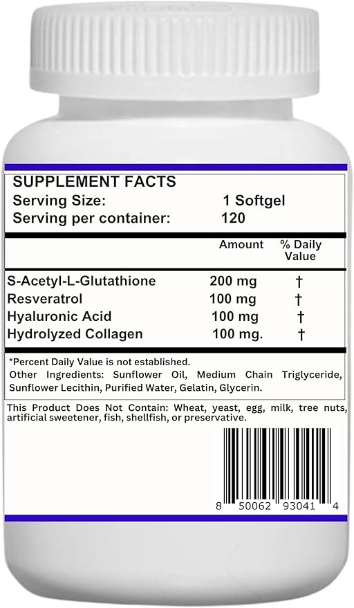 Nikoni Liposomal S-Acetyl L-Glutathione Resveratrol Hyaluronic Acid &amp Collagen 500 mg-120 Softgels